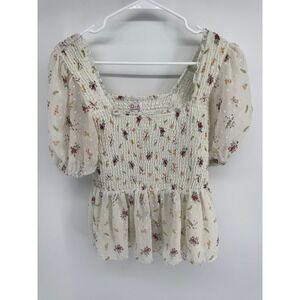 Q+A Los Angeles Floral Smocked Peplum Top Swiss Dot Puff Sleeve Cream Large